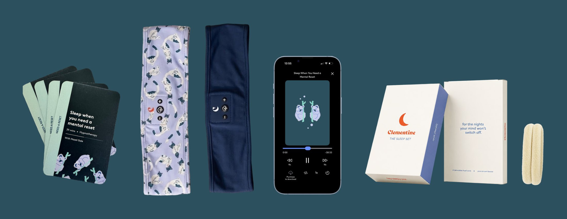 The Clementine Sleep Set laid out: four ritual cards, the lilac cat band, the navy band, a phone playing a session, the box open and closed, and the two speaker pods.